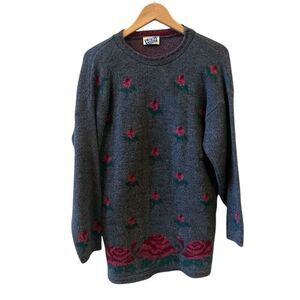 Laura Tyler Womens Acrylic Tunic Sweater Sz L-XL  Knit Gray Red Flowers USA